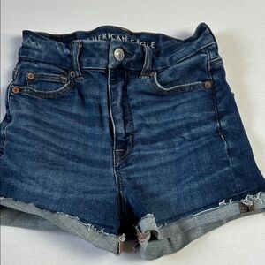 American Eagle Curvy Hi-Rise Shortie Blue Denim Shorts Sz 000 Next Level Stretch